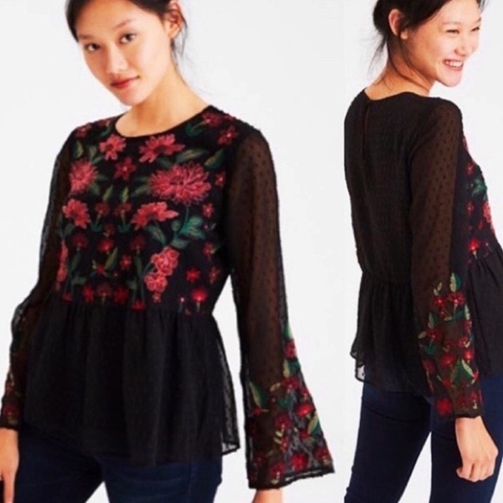 American Eagle Black Embroidered Floral Swiss Dot